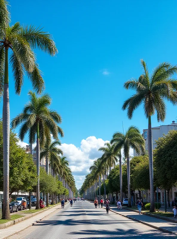 A bright sunny day in Porto Alegre, Brazil, with clear blue skies and palm trees gently swaying in the breeze.