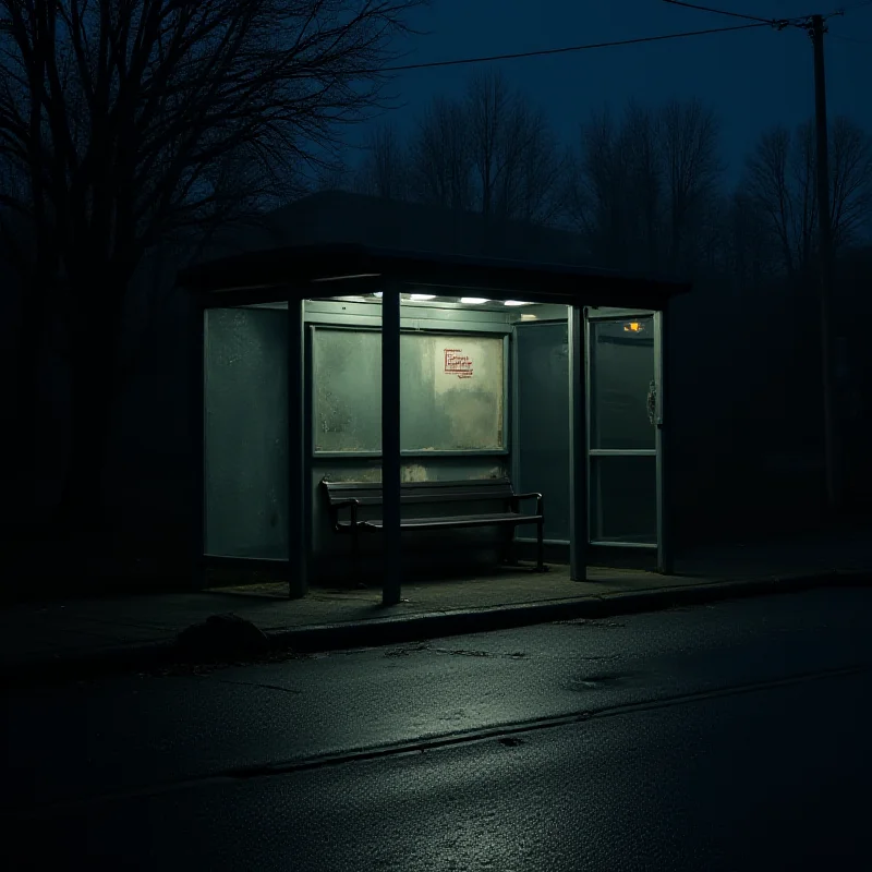 A somber, low-angle shot of a bus stop at dusk, with dim lighting and a sense of unease.