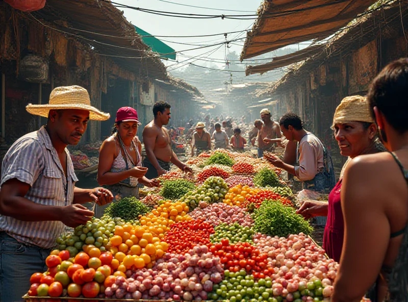 A bustling Brazilian marketplace, overflowing with fresh produce, with people shopping and negotiating prices.