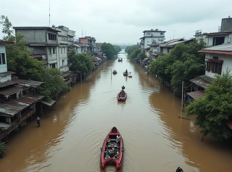 Aerial view of Jakarta, Indonesia, showing flooded streets with buildings partially submerged in water and people wading through the water.