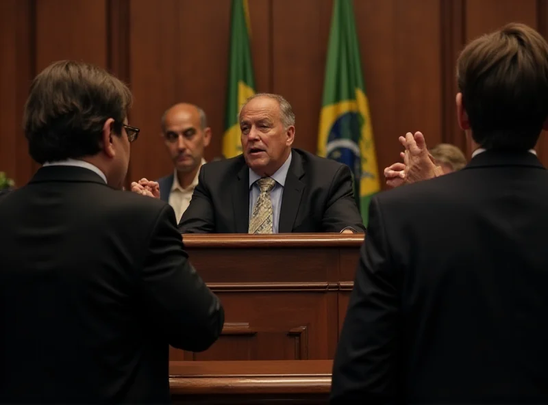 A courtroom scene in Brazil, with lawyers arguing before a judge, representing the ongoing legal battles and political complexities.