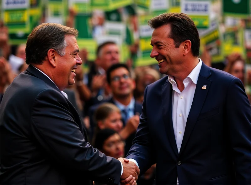 Caiado and Gusttavo Lima shaking hands in a political rally.