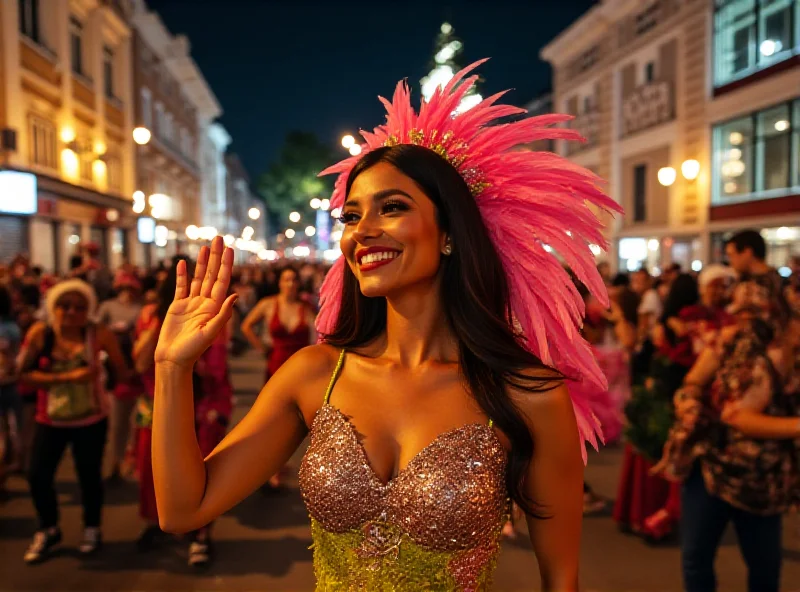 Patrícia Poeta smiling and waving during a parade, surrounded by other performers in colorful costumes. The background shows a crowd of spectators and the vibrant atmosphere of a Brazilian carnival.