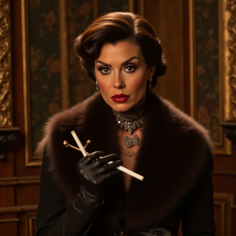 Deborah Bloch in character as Odete Roitman, wearing a glamorous outfit and holding a cigarette holder. She has a mischievous expression on her face. The background is a luxurious interior setting.