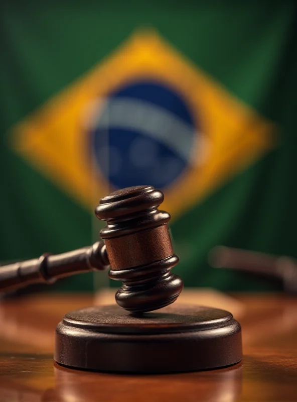A stylized gavel striking a sound block in a courtroom setting, with the Brazilian flag subtly visible in the background.
