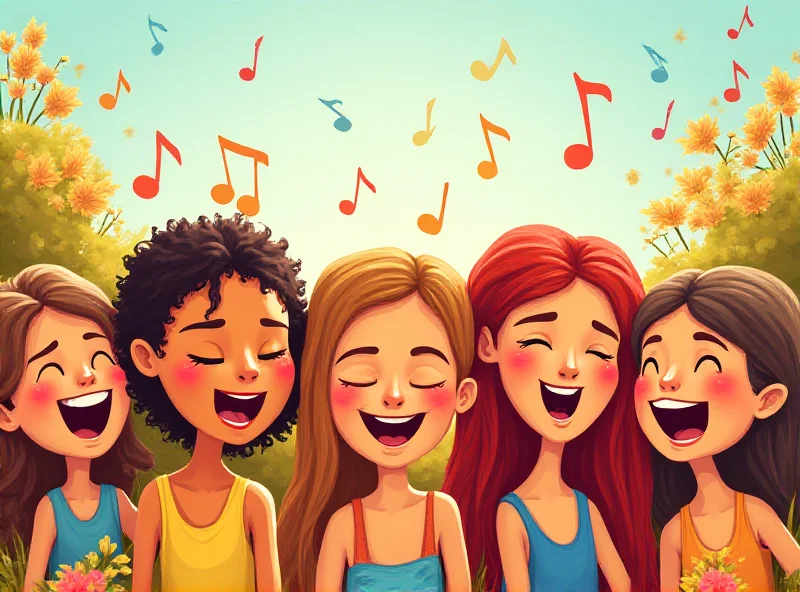 Illustration of children laughing and singing together, surrounded by musical notes and colorful scenery.