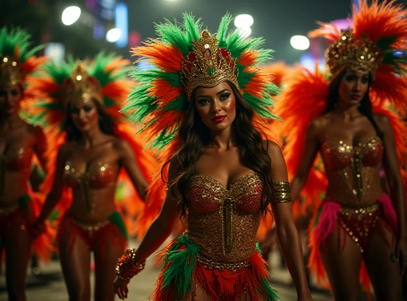 A vibrant, colorful scene of a Rio de Janeiro Samba school parade with dancers in elaborate costumes, but a slightly somber or reflective mood, hinting at financial difficulties.
