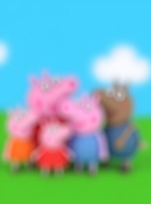 A promotional image of Peppa Pig and her family, including Mama Pig, Papa Pig, and George Pig.