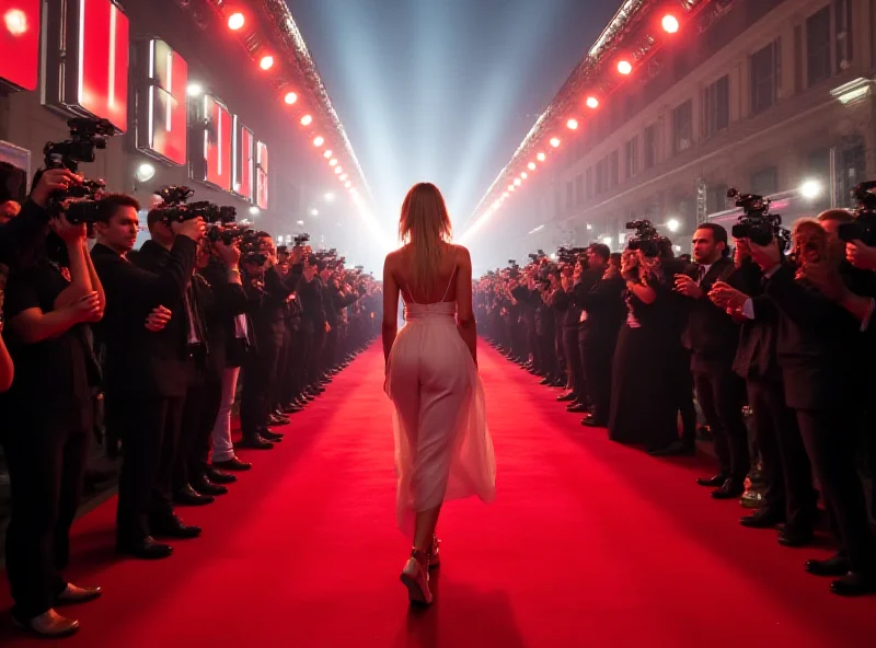 A wide shot of the red carpet at the BRIT Awards, with celebrities posing for photographers.