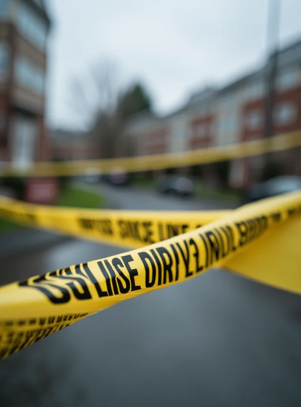 A close-up image of a police cordon tape, with a residential building in the background, signifying a crime scene