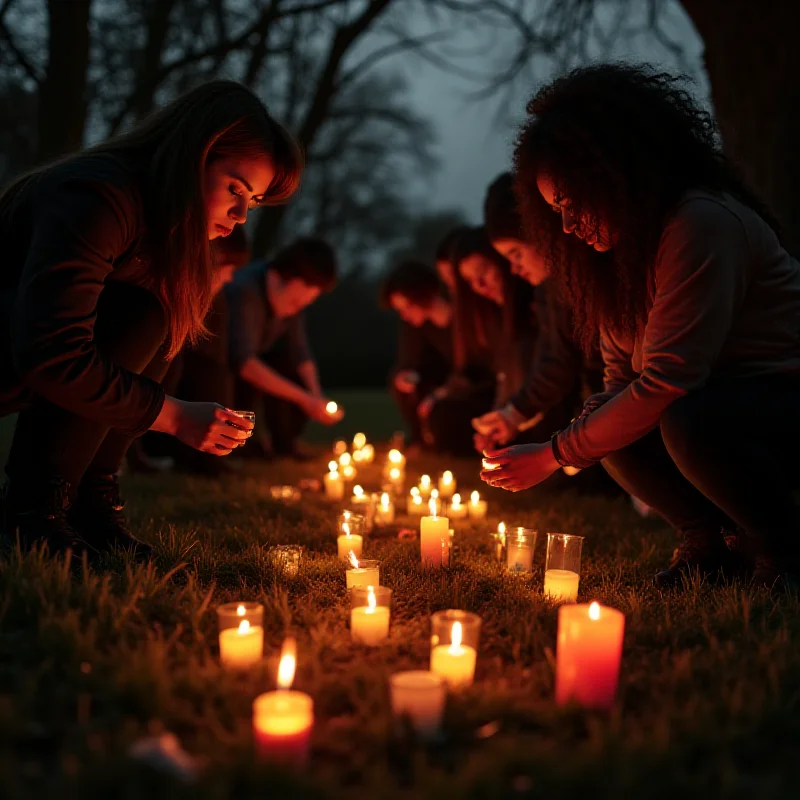 A somber image of a vigil with candles and flowers in memory of the victim of the dog attack, taking place in a park in Bristol.