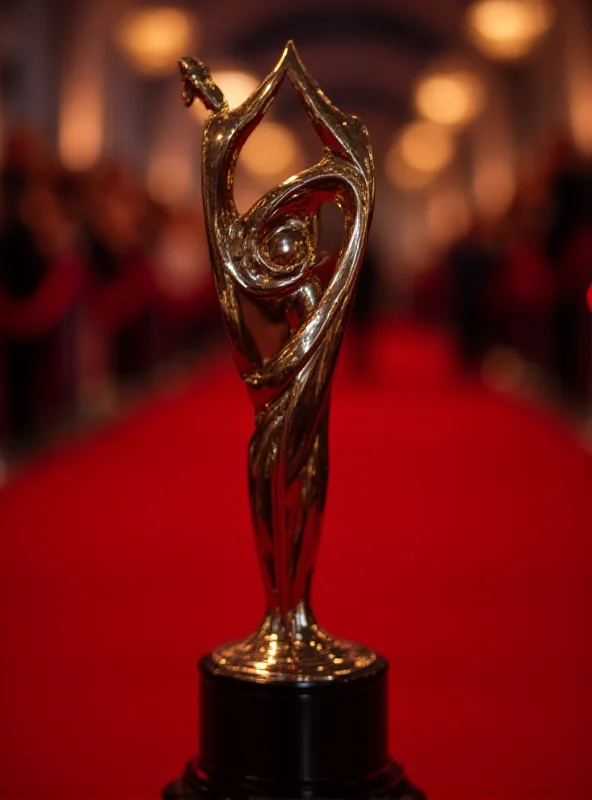Close-up of a Brit Award trophy, with a blurred background of a red carpet event.