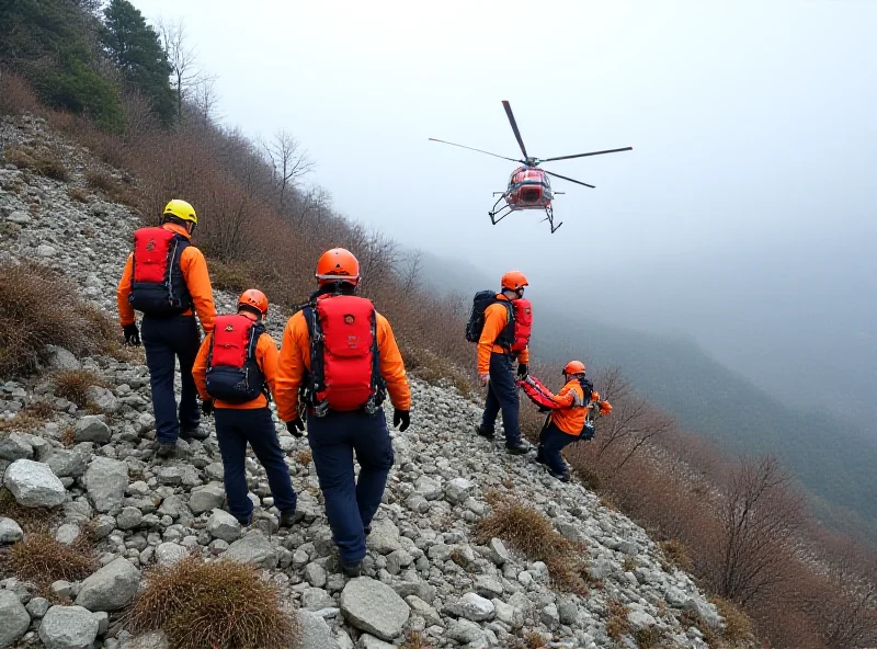 A mountain rescue team assisting an injured hiker on a rocky terrain, with a helicopter hovering overhead.