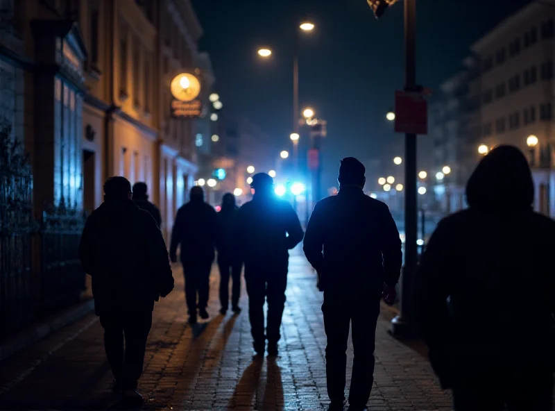 Street scene in Brno at night, with police lights flashing in the background, emphasizing the urgency of the situation.