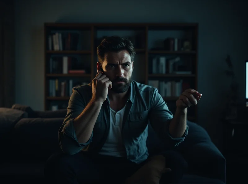 A distraught man answering a phone call in his apartment.