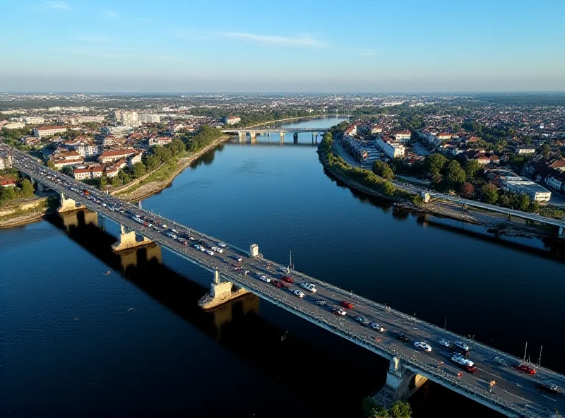 Aerial view of the Port Bridge in Bratislava with traffic flowing smoothly due to the diversion, representing the traffic management changes.