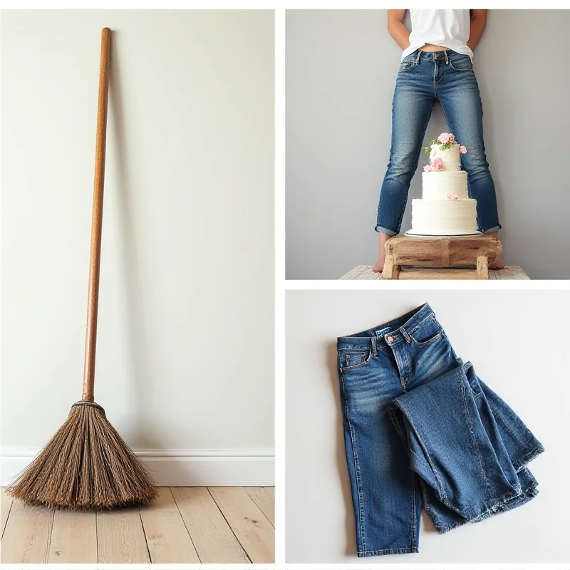 A collage featuring three images: a broom leaning against a wall, a wedding cake with a broken topper, and a pair of dark wash skinny jeans neatly folded. The collage represents the three main topics of the article.