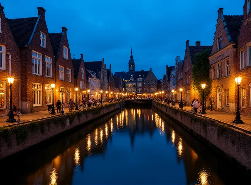 A picturesque canal in Bruges with historic buildings reflected in the water, illuminated by modern LED lighting.