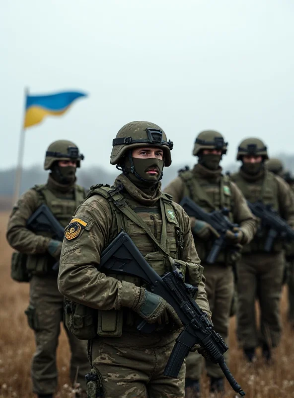 British soldiers in full military gear standing in a field, ready for deployment, with a Ukrainian flag waving in the background.