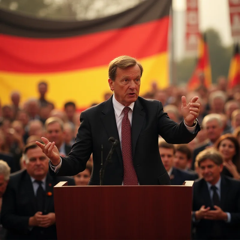 Friedrich Merz giving a speech at a political rally, with the German flag prominently displayed behind him.