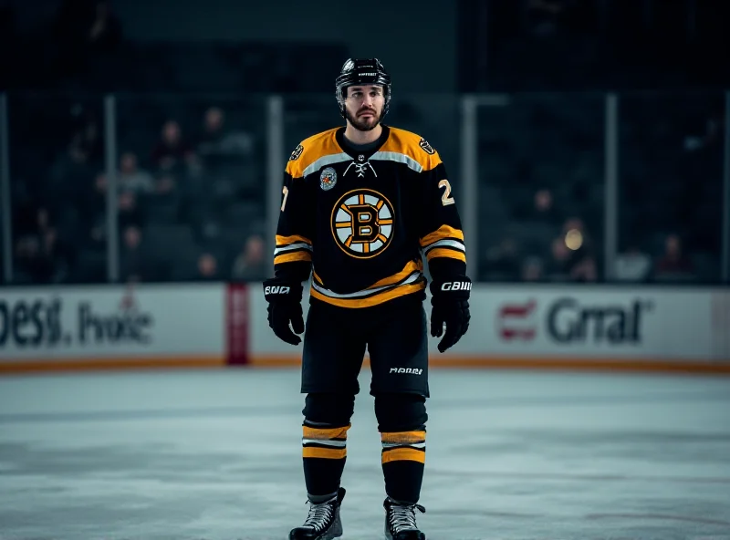 A hockey player with a sad expression skating on the ice in a Boston Bruins jersey.