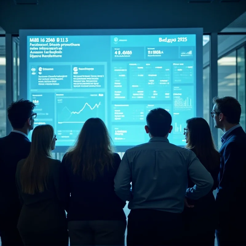 A diverse group of people looking at a screen displaying financial data and news headlines, representing the impact of Budget 2025 on various aspects of life.