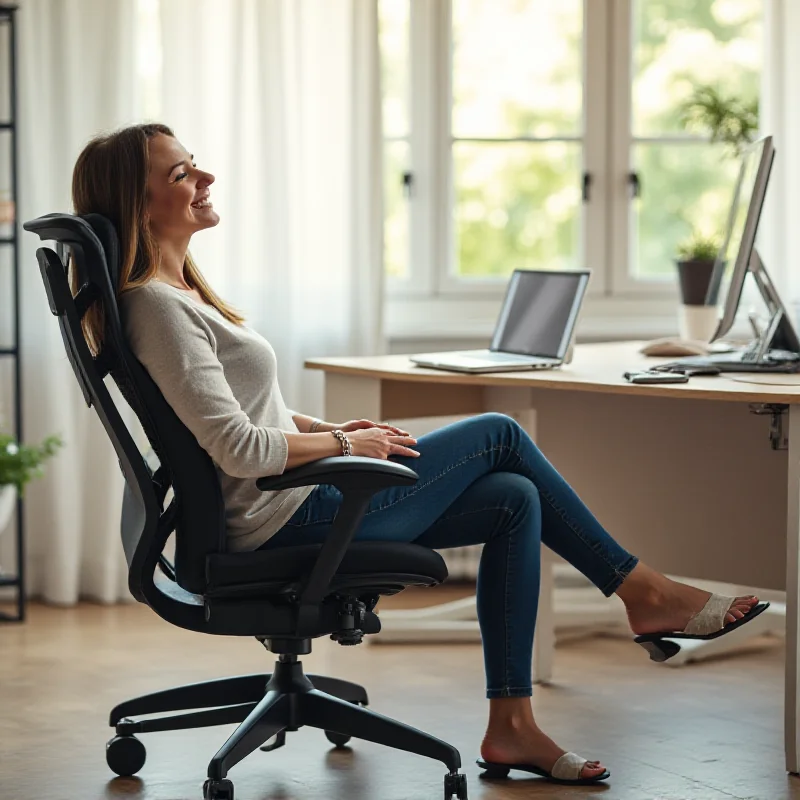 A person sitting comfortably in an ergonomic office chair with their legs crossed.