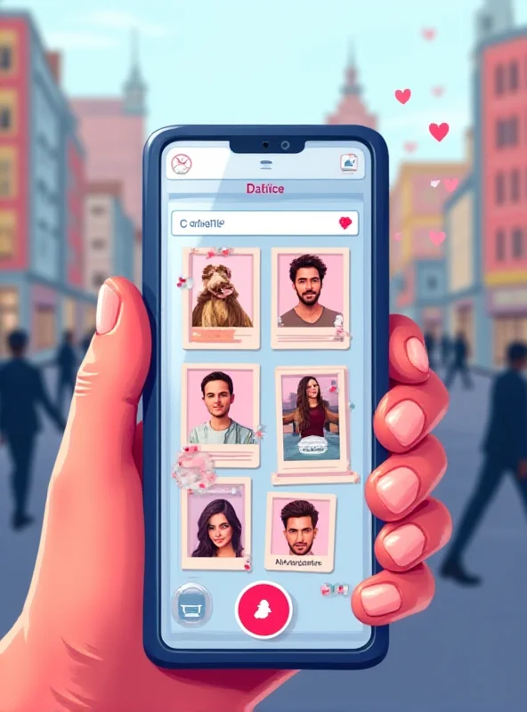 Illustration of a smartphone with a dating app interface showing various profiles.