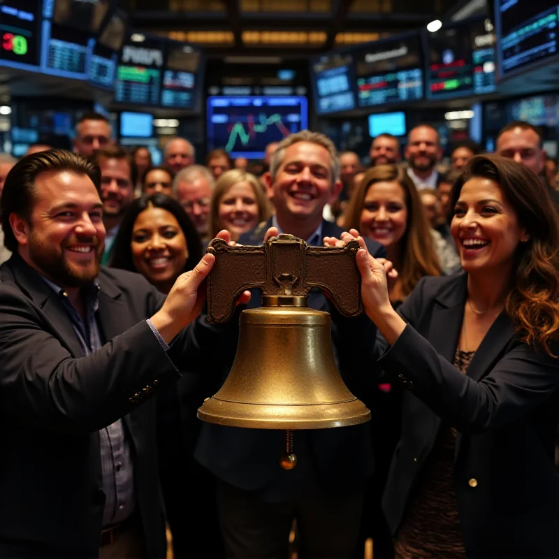 A diverse group of people ringing a bell at a stock exchange to celebrate gender equality