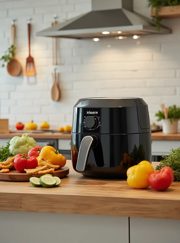 A modern kitchen featuring an Instant Vortex Plus air fryer on the countertop, surrounded by various cooking utensils and fresh ingredients.