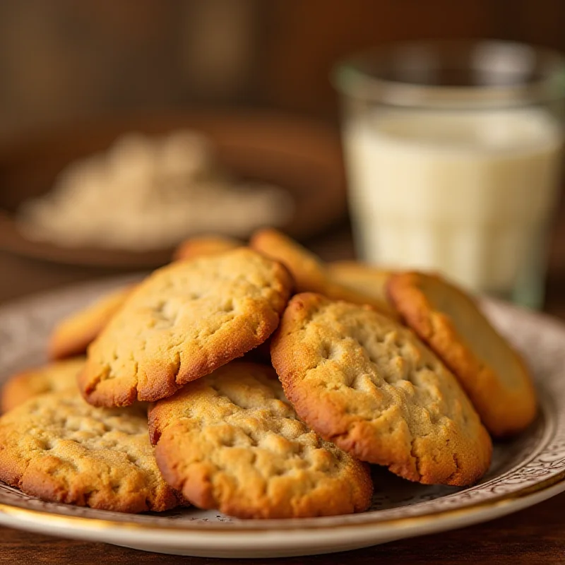 A batch of freshly baked 'poor man's cookies' arranged on a vintage plate, with a glass of milk in the background.