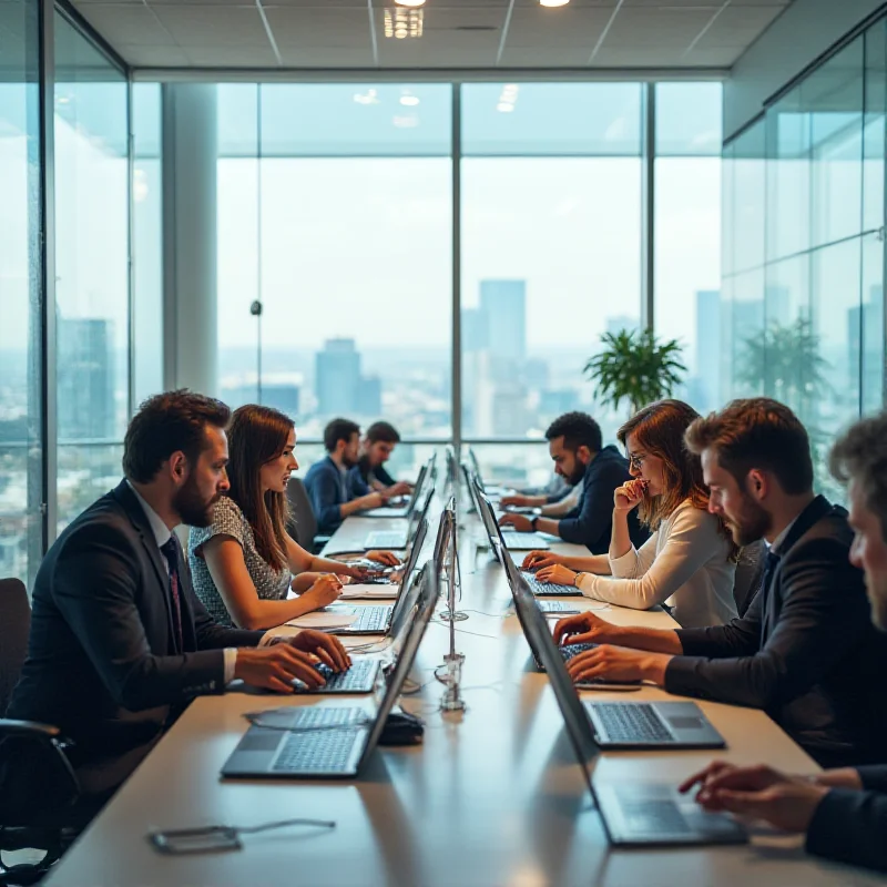 A modern office environment with people collaborating on laptops and screens.