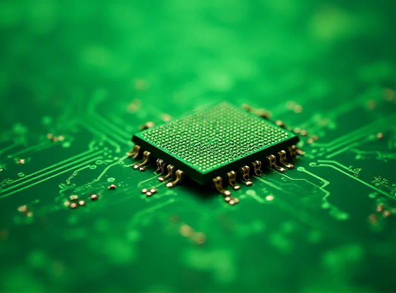 A close-up of an Nvidia H100 chip on a circuit board, with intricate details visible.