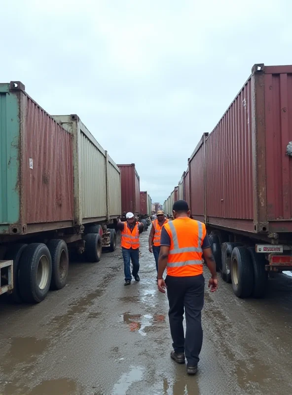 A bustling cargo terminal in Kyrgyzstan, with trucks and containers being loaded and unloaded.