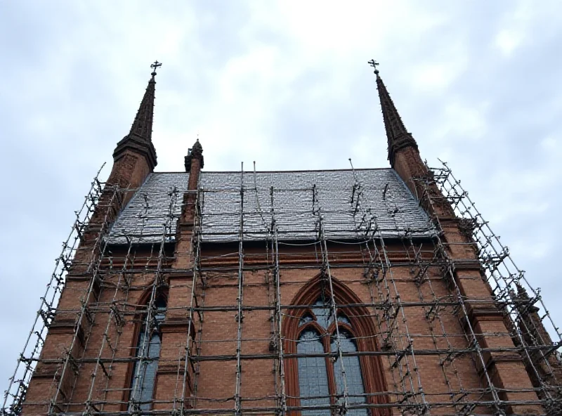 A wide shot of Pilsen Cathedral with scaffolding around the roof, showing workers repairing the slate tiles.