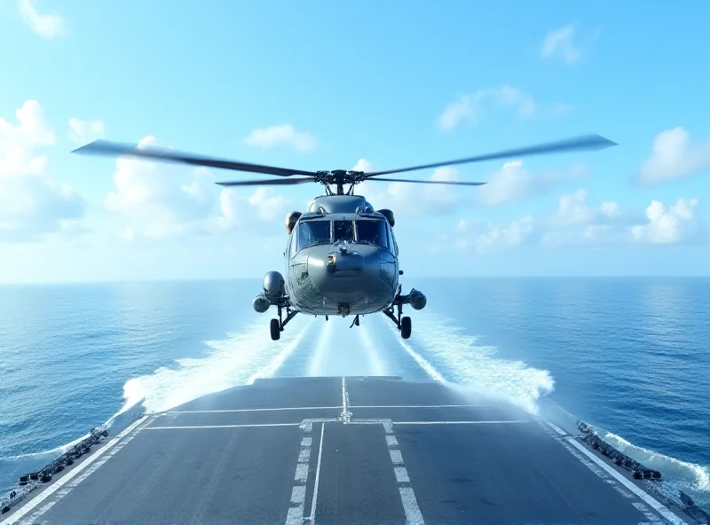 MH-60R Seahawk helicopter landing on the deck of a warship.