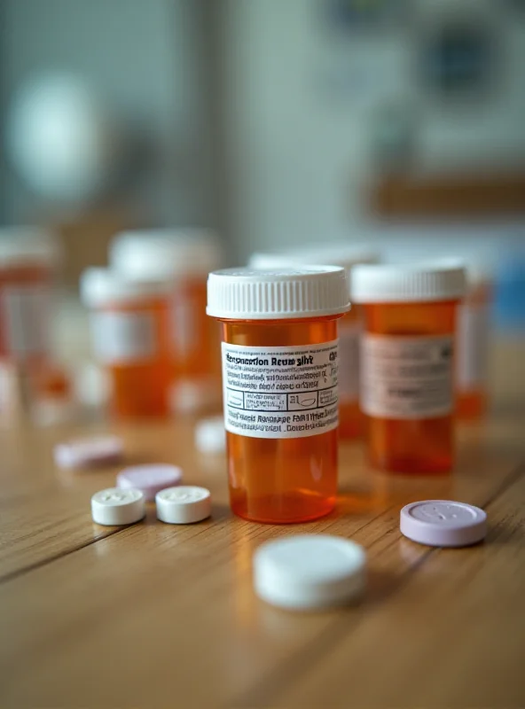 A close-up shot of various prescription medication bottles on a table.