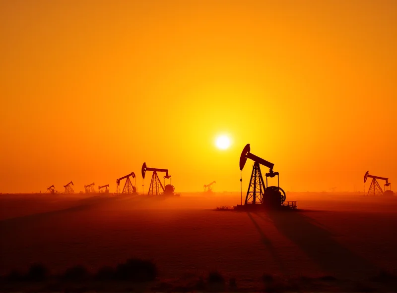 Oil pump jack operating in a vast oil field at sunset