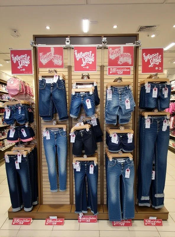Display of various styles of Old Navy Wow Jeans in a store, showcasing different sizes and colors