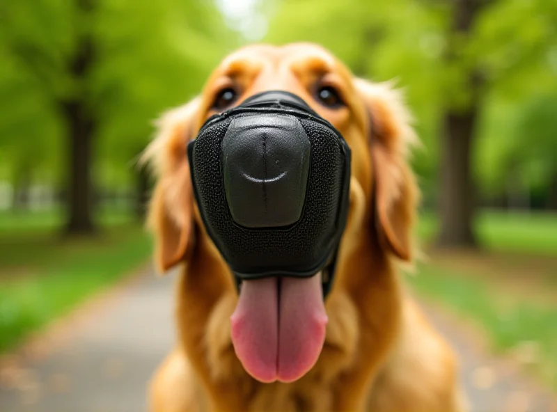 A happy golden retriever wearing a basket muzzle while sitting in a park.