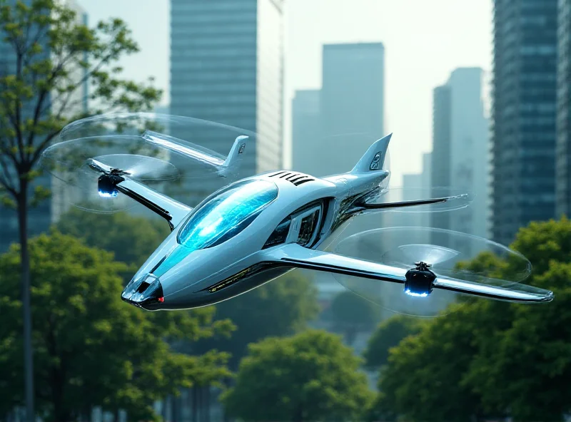 An Archer Aviation eVTOL aircraft taking off against a futuristic cityscape background.