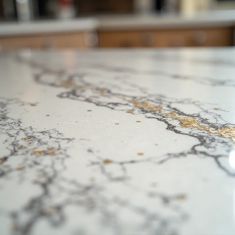 Close-up shot of a luxurious kitchen countertop made of colorful marble with intricate veining