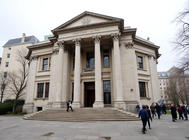 Exterior shot of the Royal Academy of Arts building in London, with people walking by.