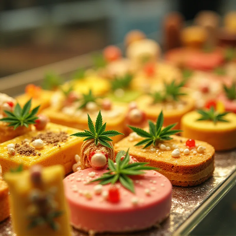 A variety of colorful cakes and sweets infused with cannabis, arranged on a display table.