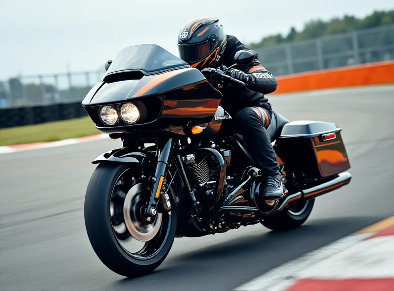 Close up of the Harley Davidson CVO Road Glide RR motorcycle on a racetrack.