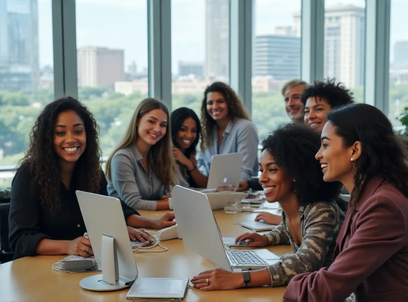 A diverse group of Apple employees are smiling and working together in a modern office setting.