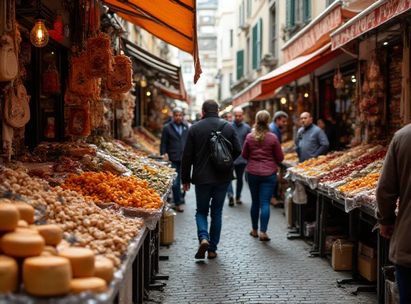 A bustling French market scene with various microentrepreneurs selling their goods. Focus is on the diversity of products and the lively atmosphere.
