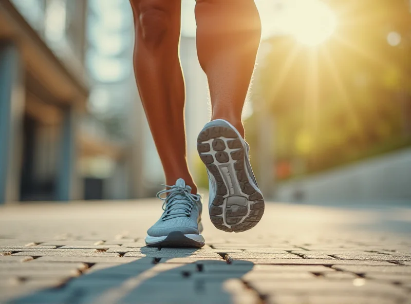 Close-up of a person running in On brand athletic shoes on a paved road during a sunny day.
