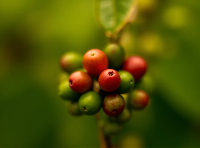 A close-up photo of Excelsa coffee beans on a coffee plant.