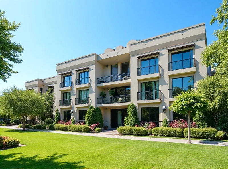 Modern condominium exterior with manicured landscaping